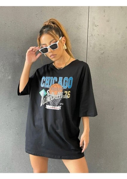 Unisex Siyah Oversize Chicago Baskılı T-Shirt