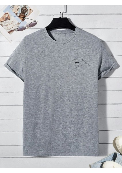 Unisex Minimal Shark Baskılı T-Shirt