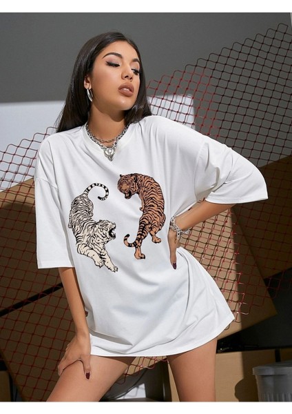 Oversize T-Shirt Tiger Baskılı modelleri
