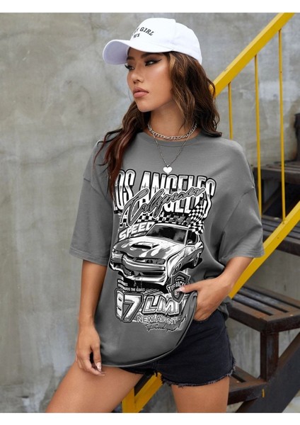 Los Angels Baskılı Oversize Salas T-Shirt Boyfriend modelleri