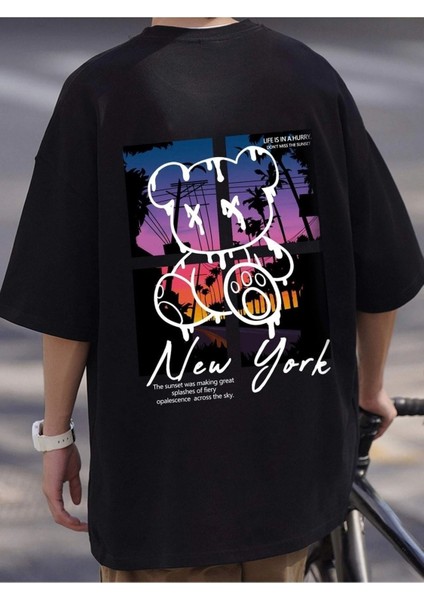 Bear New York Baskılı Oversize Erkek T-Shirt Salaş Boyfirend