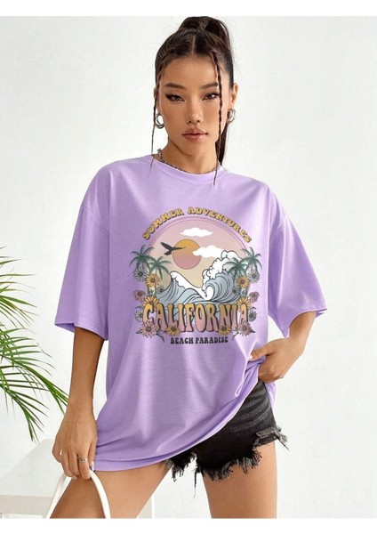 Summer Adventures Baskılı Oversize T-Shirt Salaş Boyfirend