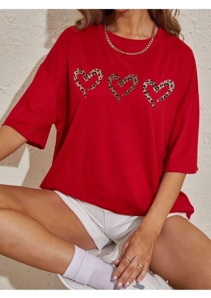 Three Hearts Baskılı Kadın Oversize Kırmızı Salaş T-Shirt Boyfriend