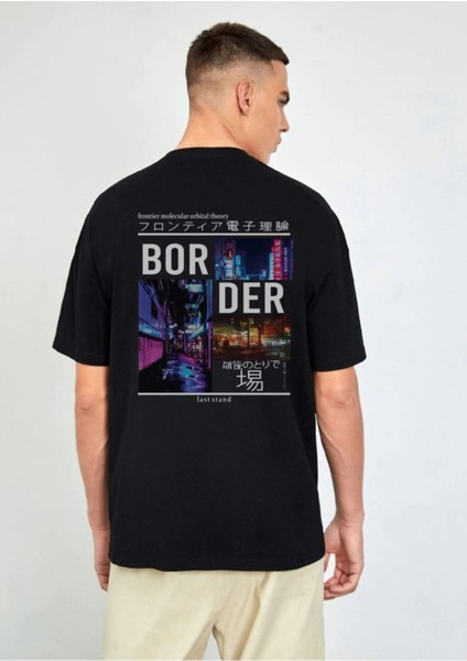 Erkek Border Baskılı Oversize T-Shirt