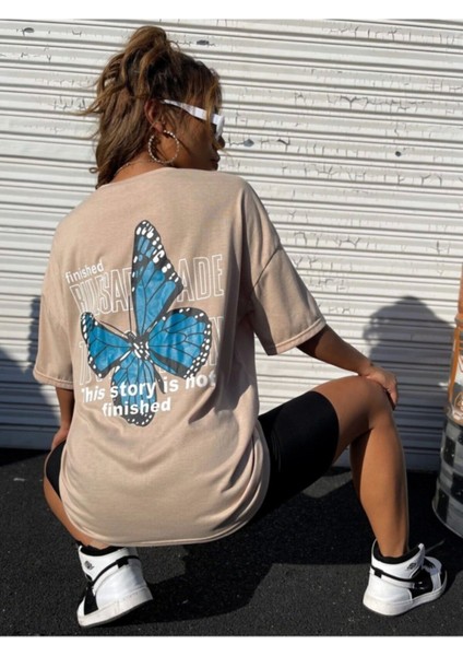 Kadın Krem Oversize Finished Bules Baskılı T-Shirt
