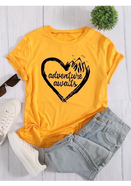 Kadın Sarı Oversize T-Shirt Kalp Baskılı