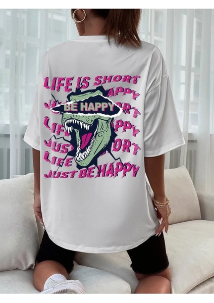 Beyaz Oversize T-Shirt Be Happy Baskılı