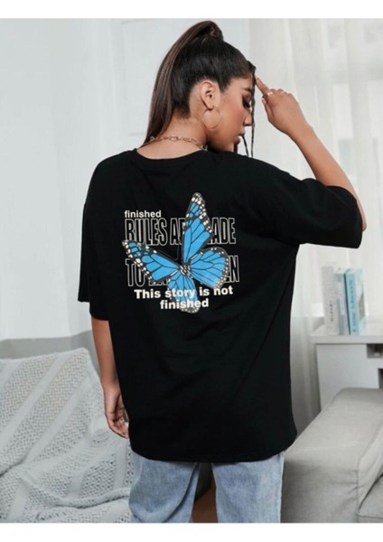 Kadın Siyah Oversize Finished Bules Baskılı T-Shirt