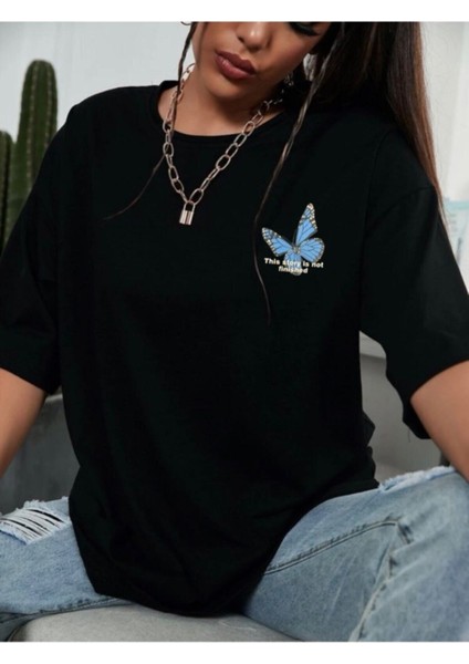 Kadın Siyah Oversize Finished Bules Baskılı T-Shirt fiyatları