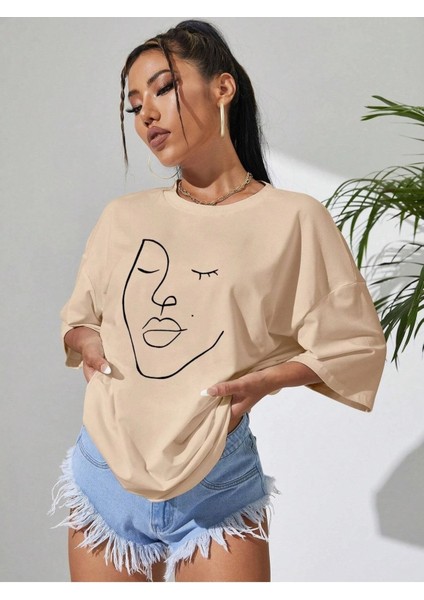 Face Baskılı Kadın Oversize Salaş T-Shirt Boyfriend fiyatları