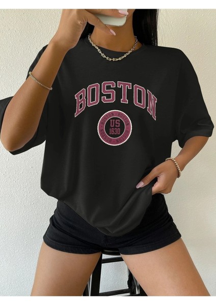 Bustonn Baskılı Siyah Oversize T-Shirt Salaş Boyfirend