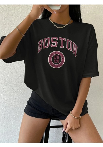 Bustonn Baskılı Siyah Oversize T-Shirt Salaş Boyfirend fiyatları