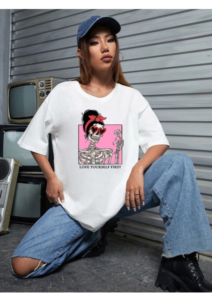 Love Yourself First Baskılı Oversize T-Shirt Salas Boyfriend