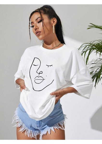Face Baskılı Kadın Oversize Salaş T-Shirt Boyfriend fiyatları