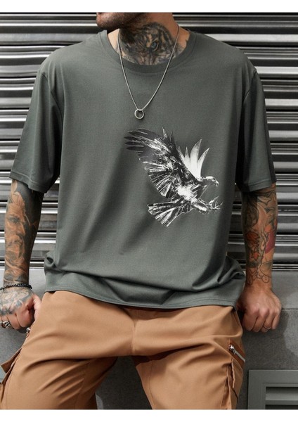 Füme Oversize T-Shirt Kartal Baskılı