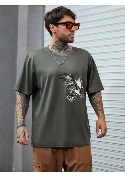 Füme Oversize T-Shirt Kartal Baskılı modelleri