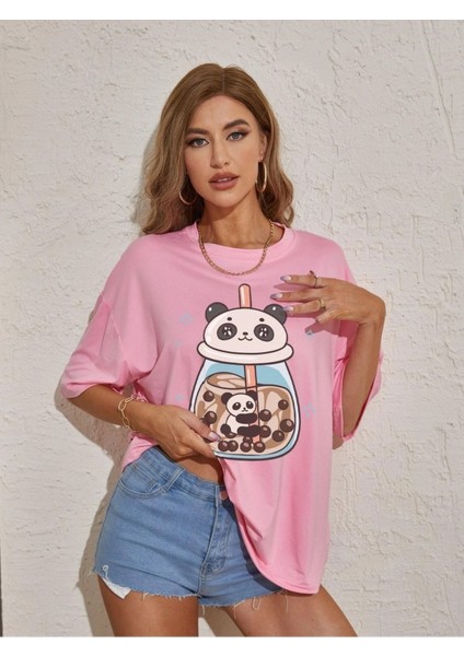 Panda Baskılı Pembe Oversize T-Shirt Salaş Boyfirend