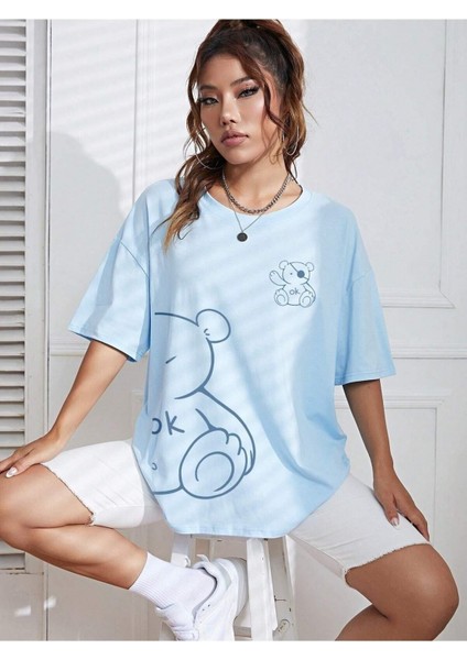 Ayıcık Baskılı Kadın Oversize T-Shirt Salaş Boyfirend