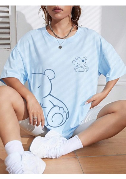 Ayıcık Baskılı Kadın Oversize T-Shirt Salaş Boyfirend