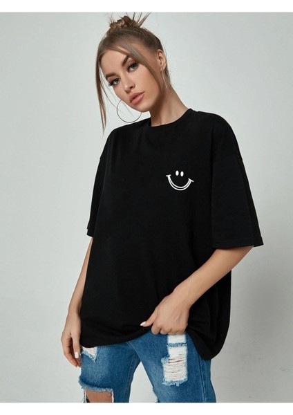Gülümse Baskılı Siyah Oversize T-Shirt Salaş Boyfirend