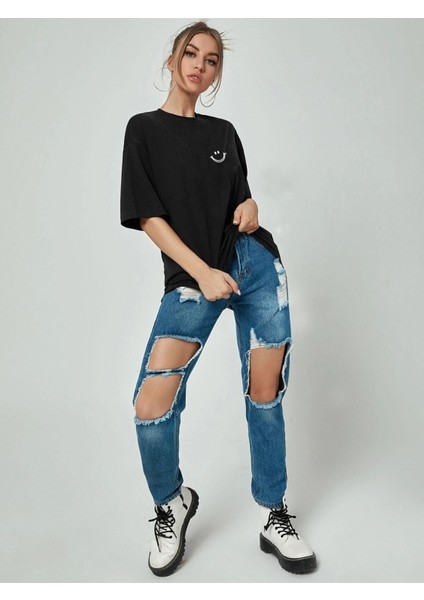 Gülümse Baskılı Siyah Oversize T-Shirt Salaş Boyfirend