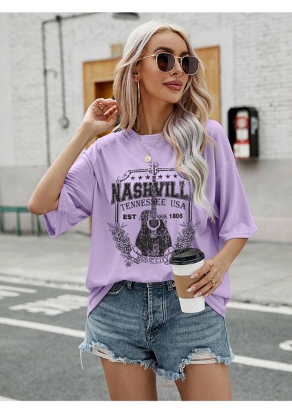 Tennessee Baskılı Kadın Oversize Kahverengi T-Shirt