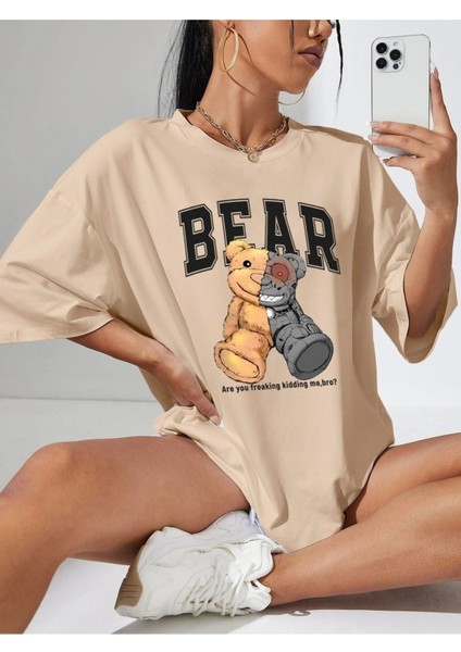 Bro Bear Baskılı Kadın Oversize Bej Salas T-Shirt Boyfriend