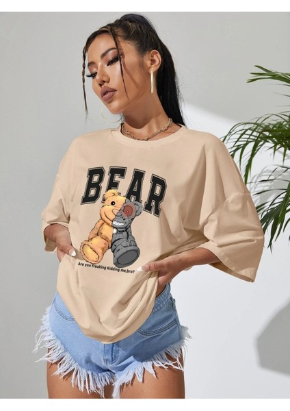 Bro Bear Baskılı Kadın Oversize Bej Salas T-Shirt Boyfriend fırsatları