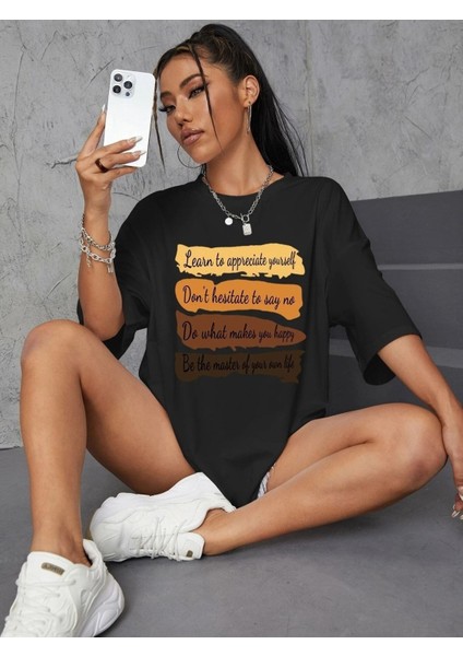 Siyah Oversize T-Shirt Pastel Baskılı