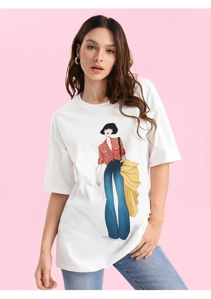 Cool Woman Baskılı Beyaz Kadın Oversize Salaş T-Shirt Boyfriend