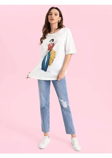 Cool Woman Baskılı Beyaz Kadın Oversize Salaş T-Shirt Boyfriend fiyatları