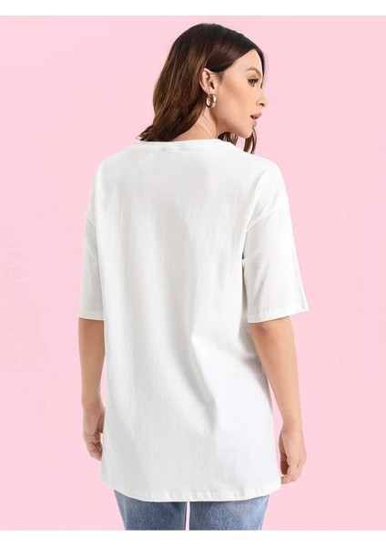 Cool Woman Baskılı Beyaz Kadın Oversize Salaş T-Shirt Boyfriend modelleri