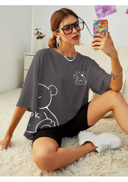 Ayıcık Baskılı Kadın Oversize T-Shirt Salaş Boyfirend