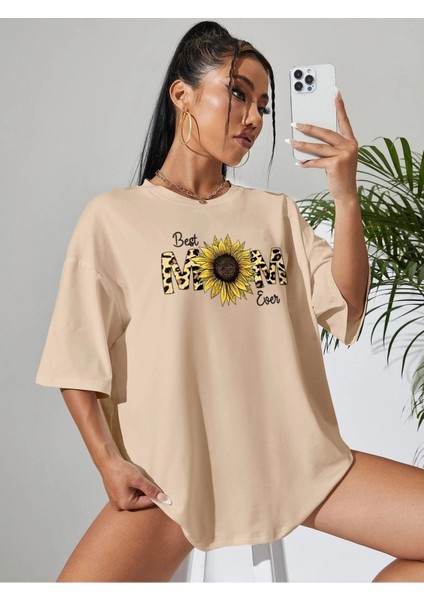 Bej Oversize T-Shirt Best Mom Baskılı