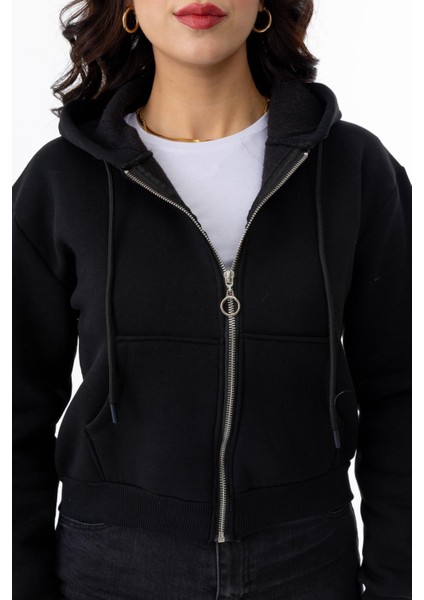 3856 Fermuarlı Mini Kadın Sweatshirt Siyah