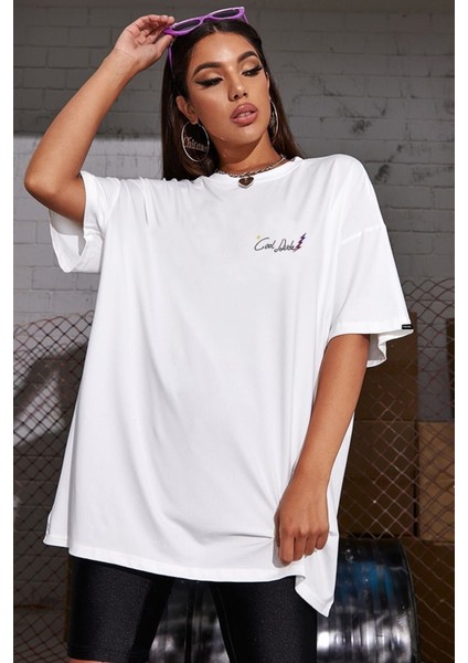 Oversize Cool Dude Baskılı Beyaz Tshirt