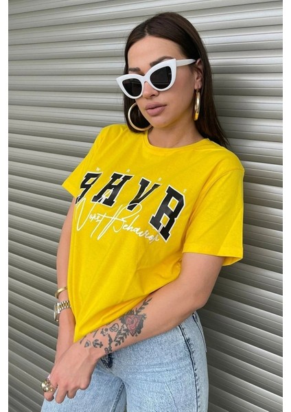 Kadın Bhvr Oversize Baskılı T-Shirt Bluz