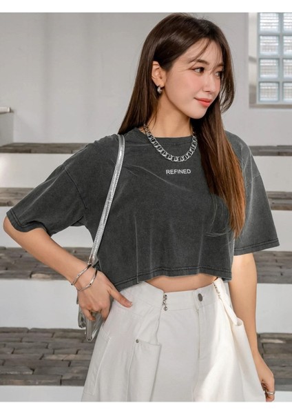 Kadın Crop Oversize Refıned Baskılı Baskılı