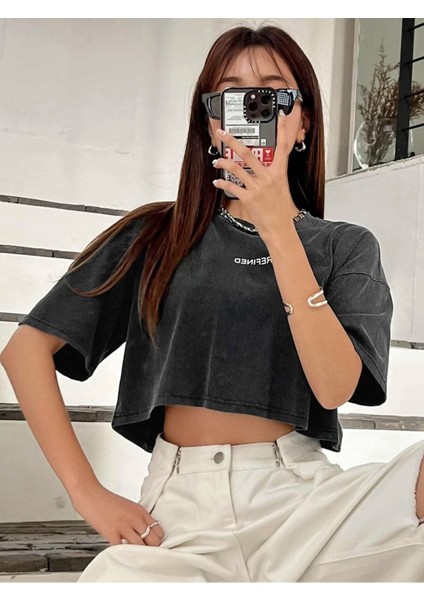 Kadın Crop Oversize Refıned Baskılı Baskılı indirimleri