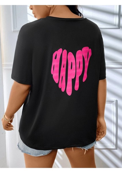 Siyah Oversize T-Shirt Happy Baskılı modelleri