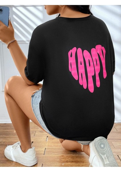 Siyah Oversize T-Shirt Happy Baskılı fırsatları