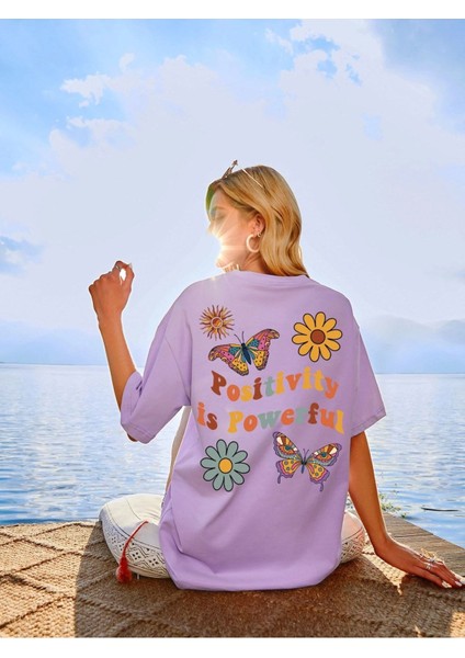 Kadın Lila Positive Baskılı Oversize T-Shirt