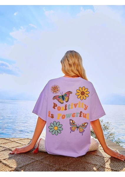 Kadın Lila Positive Baskılı Oversize T-Shirt