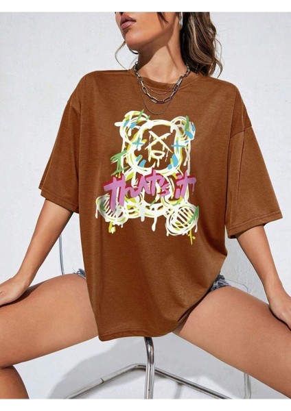 Bear Baskılı Kadın Oversize Kahverengi T-Shirt