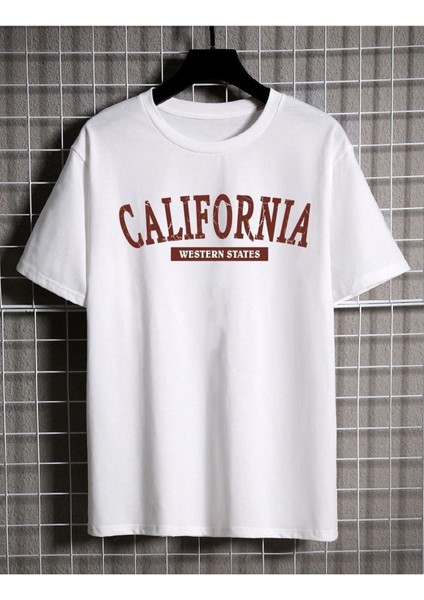 Unisex Beyaz California Western Baskılı Oversize T-Shirt fiyatları