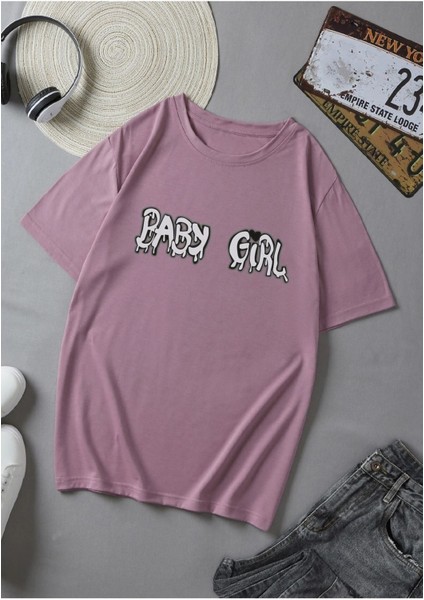 Kadın Mor Baby Girl Baskılı Oversize T-Shirt