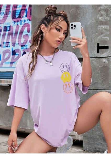 Smile Baskılı Kadın Oversize Salaş T-Shirt Boyfirend