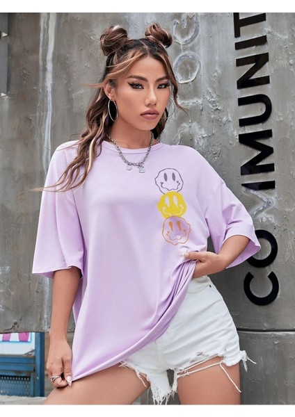 Smile Baskılı Kadın Oversize Salaş T-Shirt Boyfirend