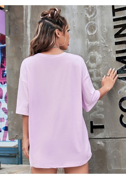 Smile Baskılı Kadın Oversize Salaş T-Shirt Boyfirend