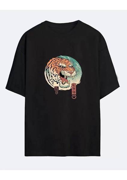 Unisex Anime Kaplan Baskılı Oversize T-Shirt